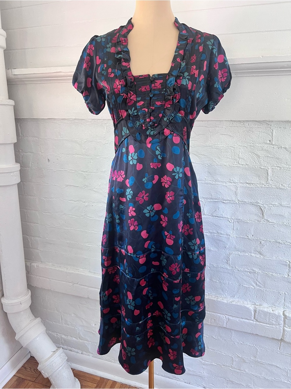 Marc Jacobs Vintage Anemone Silk Floral Midi Dress 2000s Size 6